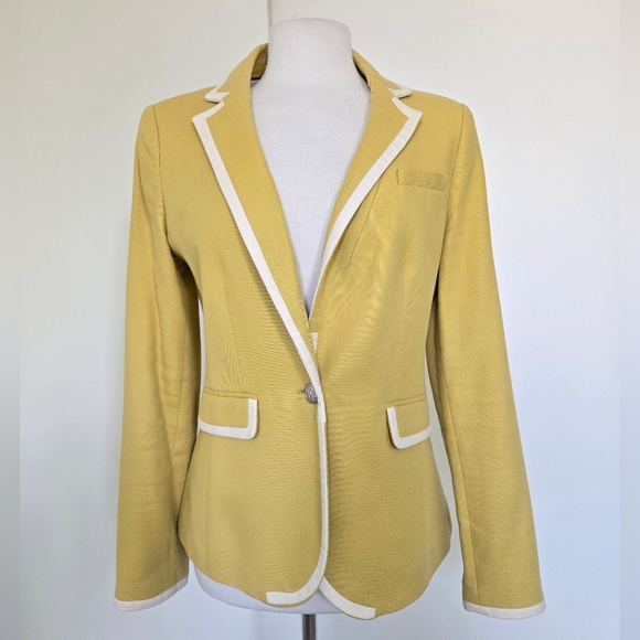 Banana Republic Mustard Yellow Ivory Tipped Blazer One Button Size 8 Preppy - Picture 3 of 16